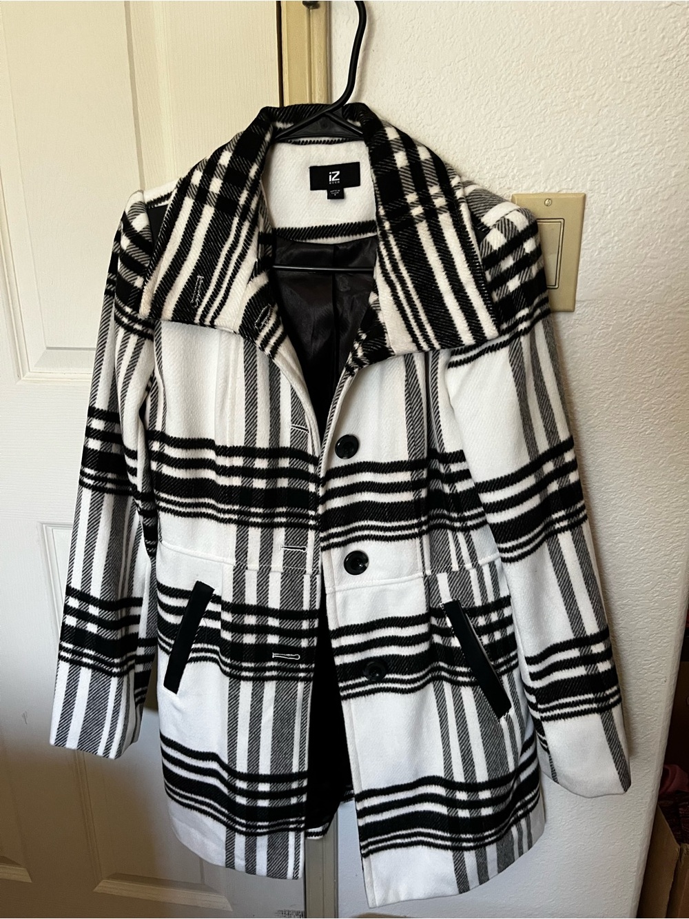 Iz Byer Black and White Plaid Peacoat